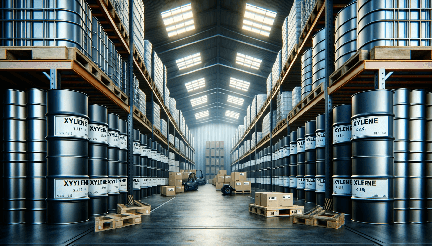 xylene in its natural form stored in an industrial warehouse environment. The image should show containers or barrels of خرید زایلن